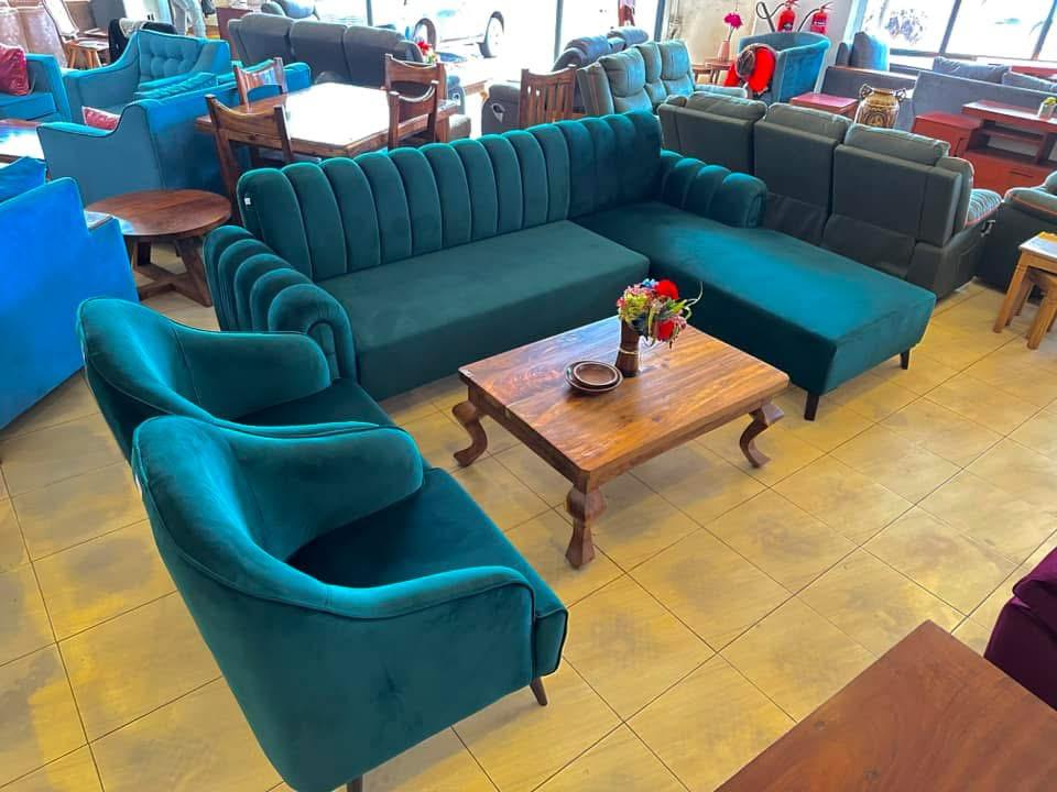 Kabira Teal Velvet Corner Set, Sectional Sofas at Lucky Interiors Uganda